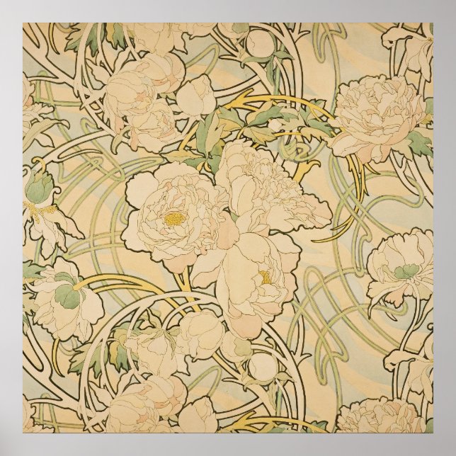 Pôster Alphonse Mucha Peonies Peony Rosa Fawn 1897 (Frente)