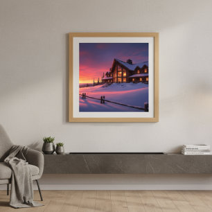 Poster Alpine Sunset Lodge Aconchegante Inverno