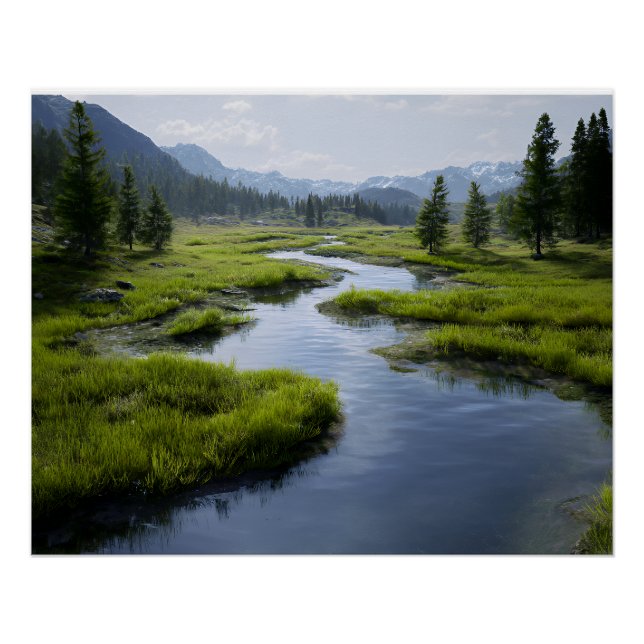 Pôster Alpine Valley Stream Green Meadows Snowy Peaks (Frente)