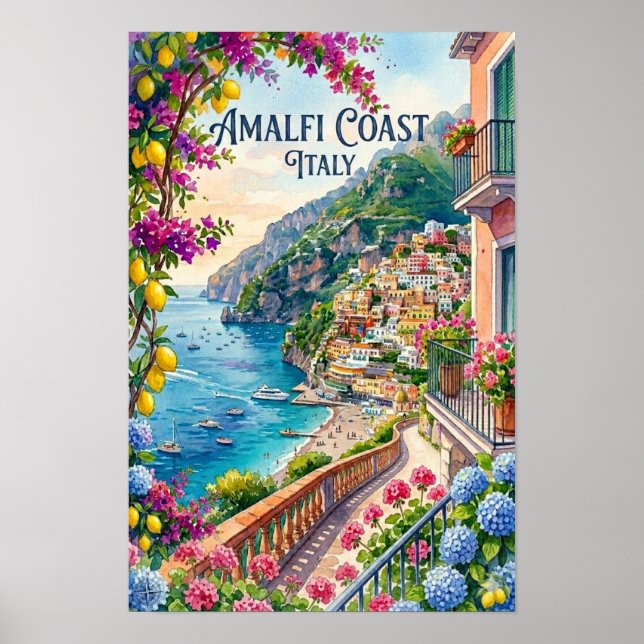Poster Amalfi Coast Italy Watercolor Travel Tropical (Frente)