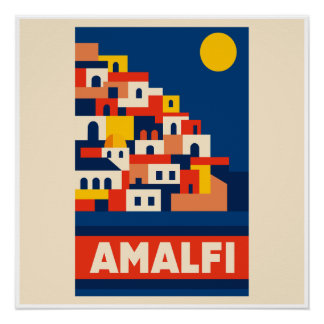 Pôster Amalfi Itália Cartaz de Viagem Antigo Retro Costei