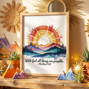 Poster Amanhecer na Montanha em Aquarela Versículo Bíblic