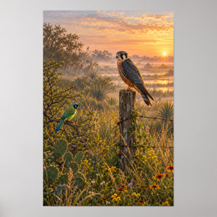 Poster Amanhecer Nebuloso no Sul do Texas com Falcão-Aplo