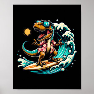 Poster Amante da Praia T-rex Dinossauro Montando Prancha