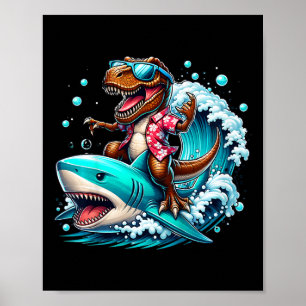 Poster Amante da Praia T-rex Dinossauro Montando Tubarão