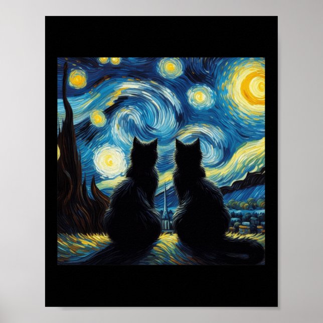 Poster Amante de Gatos Pretos Noite Estrelada Van Gogh Ga (Frente)