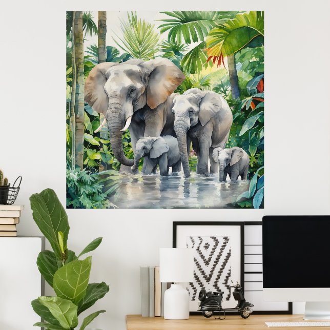 Poster Amantes de elefantes da selva divertida (Escritório em casa)