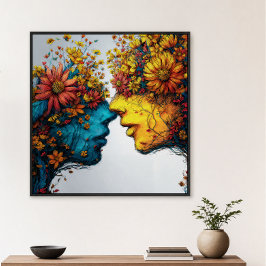 Pôster Amantes em Flor Arte Floral de Rostos