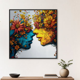 Pôster Amantes em Flor Arte Floral de Rostos