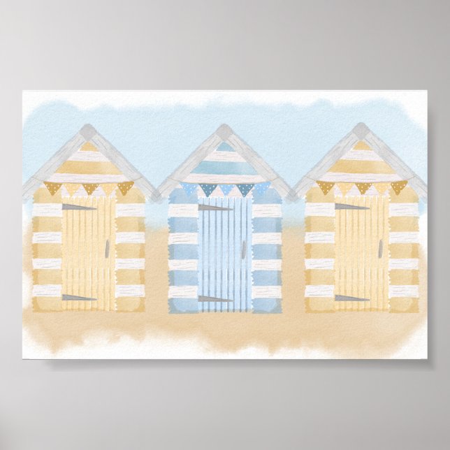 Poster Amarelo-Azul-Praia Huts Oceano Aquarela (Frente)