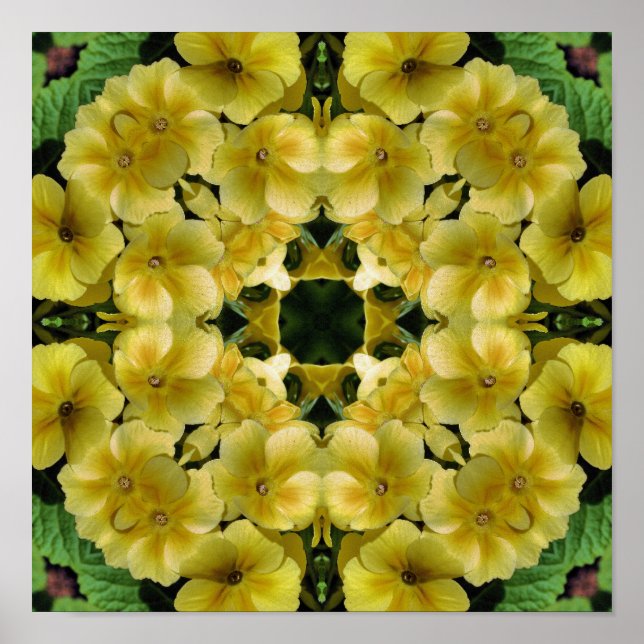 Pôster Amarelo Primrose Flor Caleidoscópio Arte (Frente)