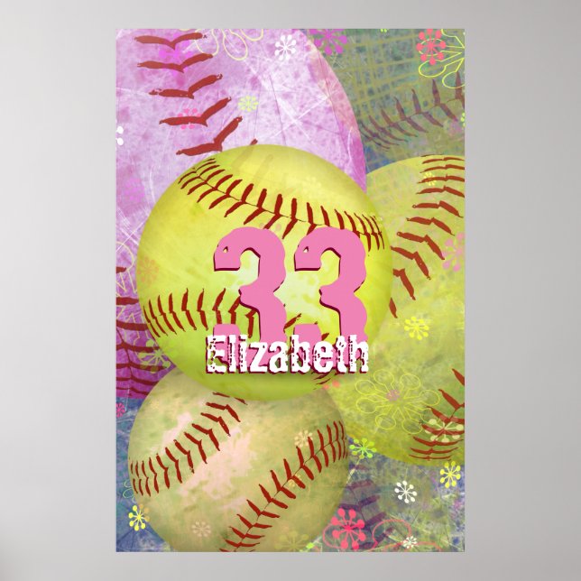 Poster Amarelo-rosa-rosado de Softball feminino (Frente)