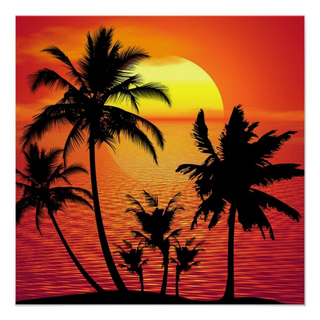 Pôster Amazing sunset with palms on tropical beach (Frente)