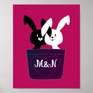 Poster Ame Coelhos Pretos e Brancos em Cartoon Magenta