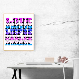 Poster Ame Muitas Línguas Corações Rosa Roxo Azul Preto