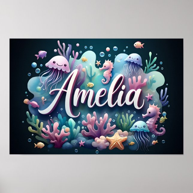 Poster Amelia Ocean Nursery Animais Submarinos (Frente)