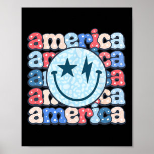 Poster América Groovy Smile Shirt Para Mulheres 4 De Julh