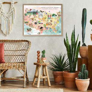 Poster América Mapa dos EUA Ilustrado em Aquarela