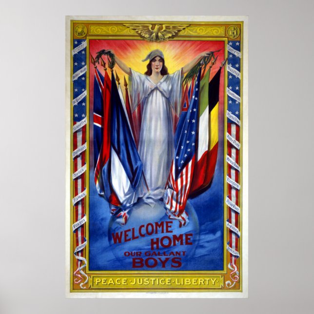 Poster América Patriótica Antiga, Paz Justiça Liberdade (Frente)