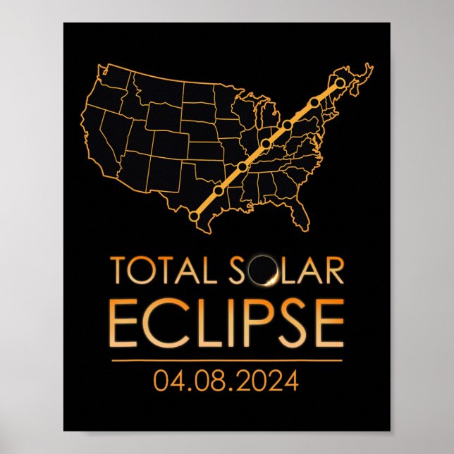 Poster América Total Eclipse Solar 8 de abril de 2024 Map (Frente)