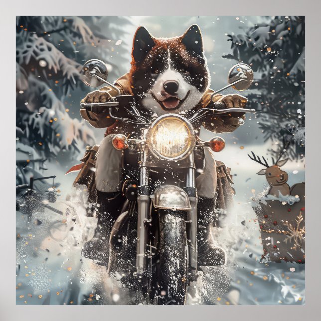 Poster American Akita Dog Andando no Natal (Frente)