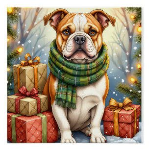 Pôster American Bulldog Natal Festa de Natal em Aquarela