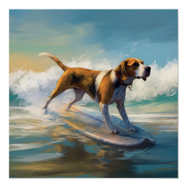 Pôster American Engligh Foxhound Beach Surfing Painting (Frente)
