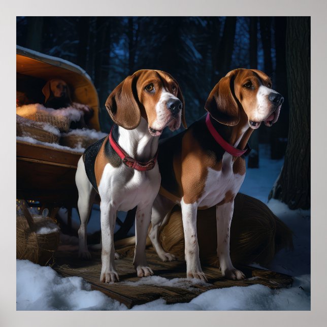 Poster American English Foxhound Snowy Sleigh Natal (Frente)