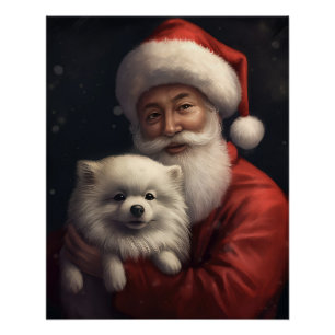Pôster American Eskimo com Papai Noel Natal Festivo