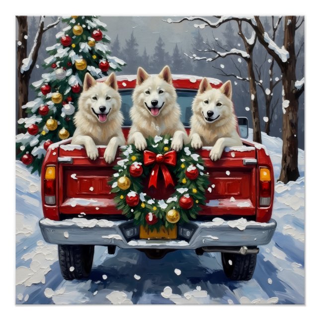 Pôster American Eskimo Dog Christmas Red Truck Holiday (Frente)