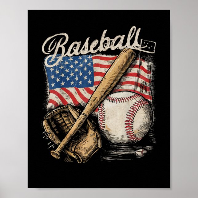 Poster American Flag Baseball Player Bat Fan Catcher (Frente)