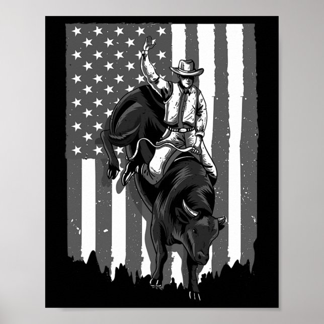 Poster American Flag Bull Riding Cowboy 4 De Julho Patri (Frente)