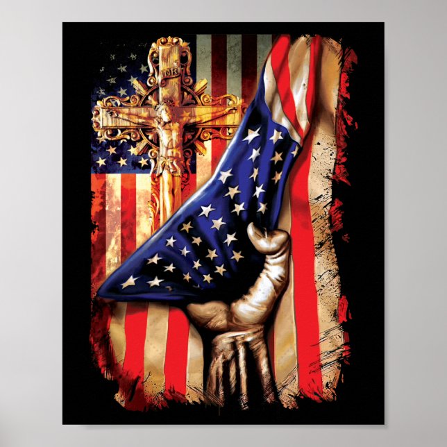 Poster American Flag Cross Jesus Hand Orgulho Cristão (Frente)