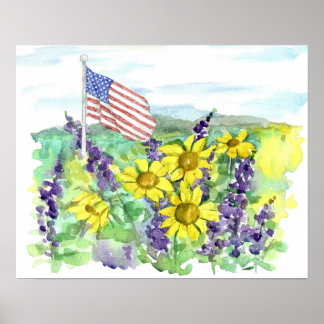 Poster American Flag Desert Wildflowers Watercolor Sky