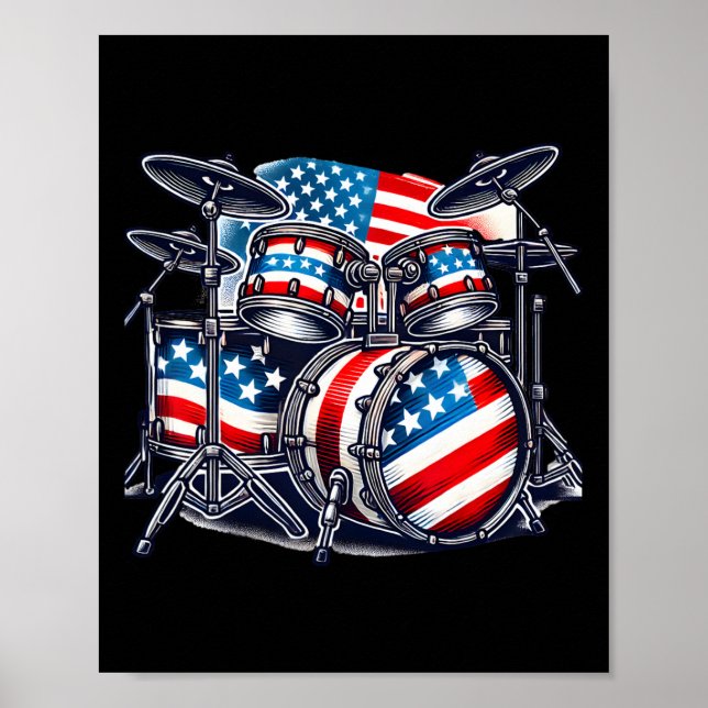 Poster American Flag Drum Drumset Usa Patriotic Drummer 4 (Frente)
