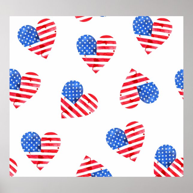 Poster American Flag Hearts Watercolor. (Frente)
