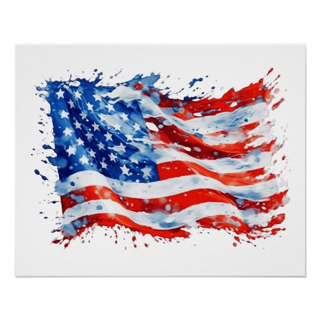 Pôster American Flag USA Watercolor 4 de julho (Frente)