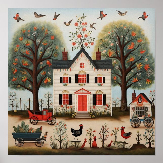 Poster American Folk Art White Farmhouse (Frente)