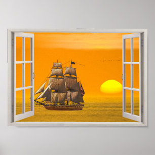 Poster American Frigate Sails no Sunset Fake Window