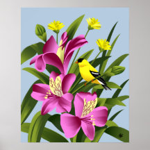 American Goldfinch e Alstroemeria Flower Art