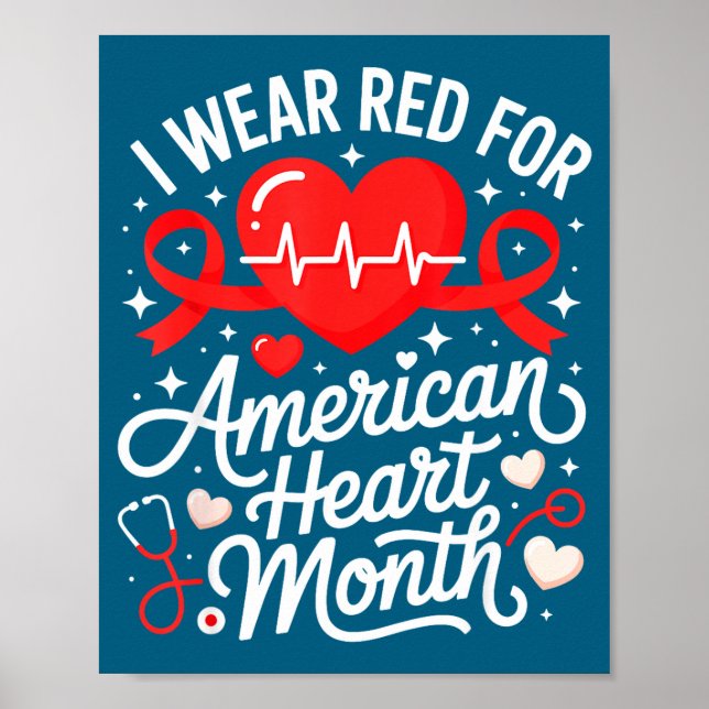 Poster American Heart Disease Awareness Month Ribbon Red  (Frente)