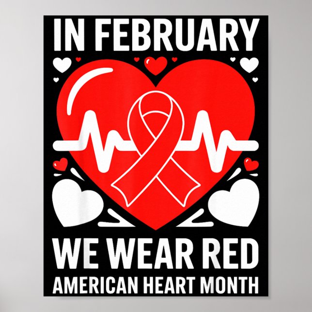 Poster American Heart Disease Awareness Month Ribbon Red  (Frente)