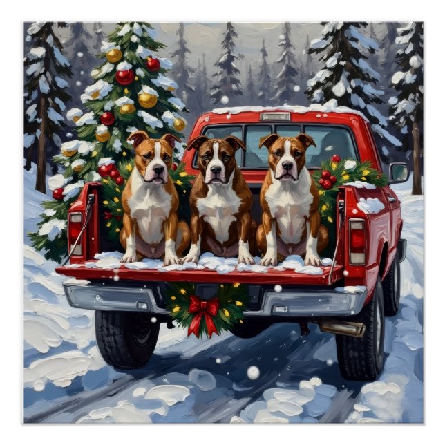 Pôster American Staffordshire Terrier Christmas Red Truck (Frente)