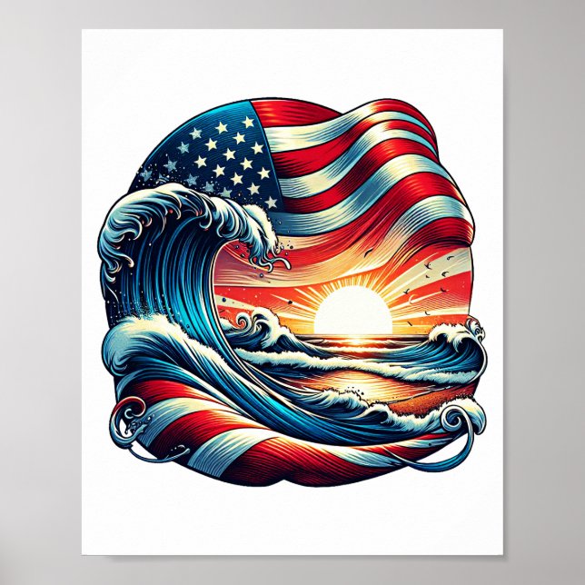 Poster American USA Flag Beach Wave Sunset Patriset Art (Frente)