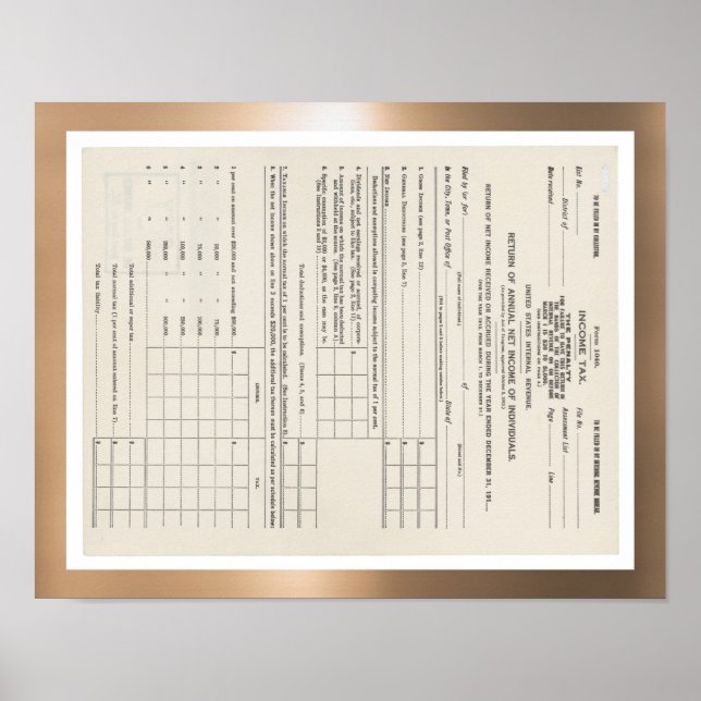 Poster America's First Income Tax Form 1040 (Frente)