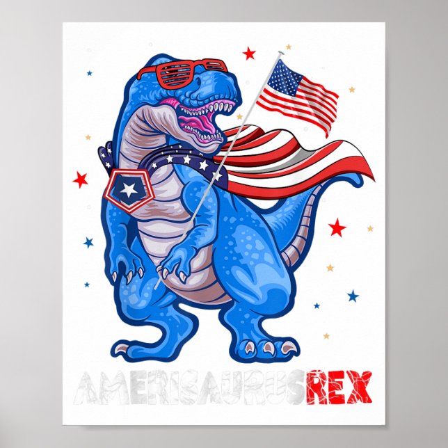 Poster Amerisauro T Rex USA Flag Kids Engraçado 4 De Julh (Frente)