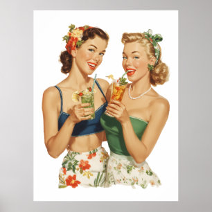 Poster Amigas de Coquetel de Verão Pin-Up Vintage