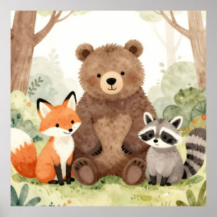 Poster Amigos da Floresta Fofos Urso Raposa Guaxinim Aqua
