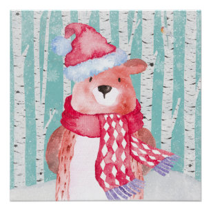 Pôster Amigos de Animais da Floresta de inverno - Urso