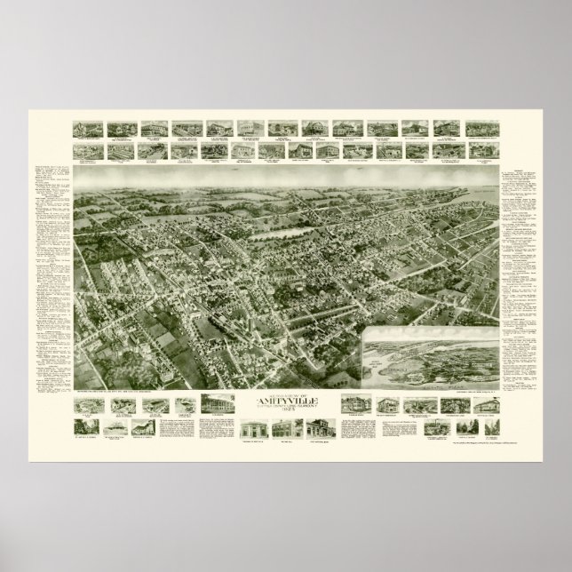 Pôster Amityville, Mapa Panorâmico NY - 1925 (Frente)